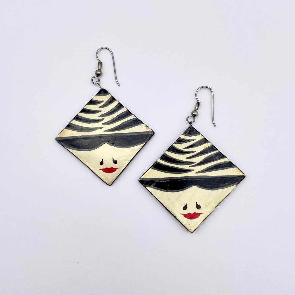 Vintage 1980s Retro Handmade Earrings - Black and Red - Face with Sunglasses